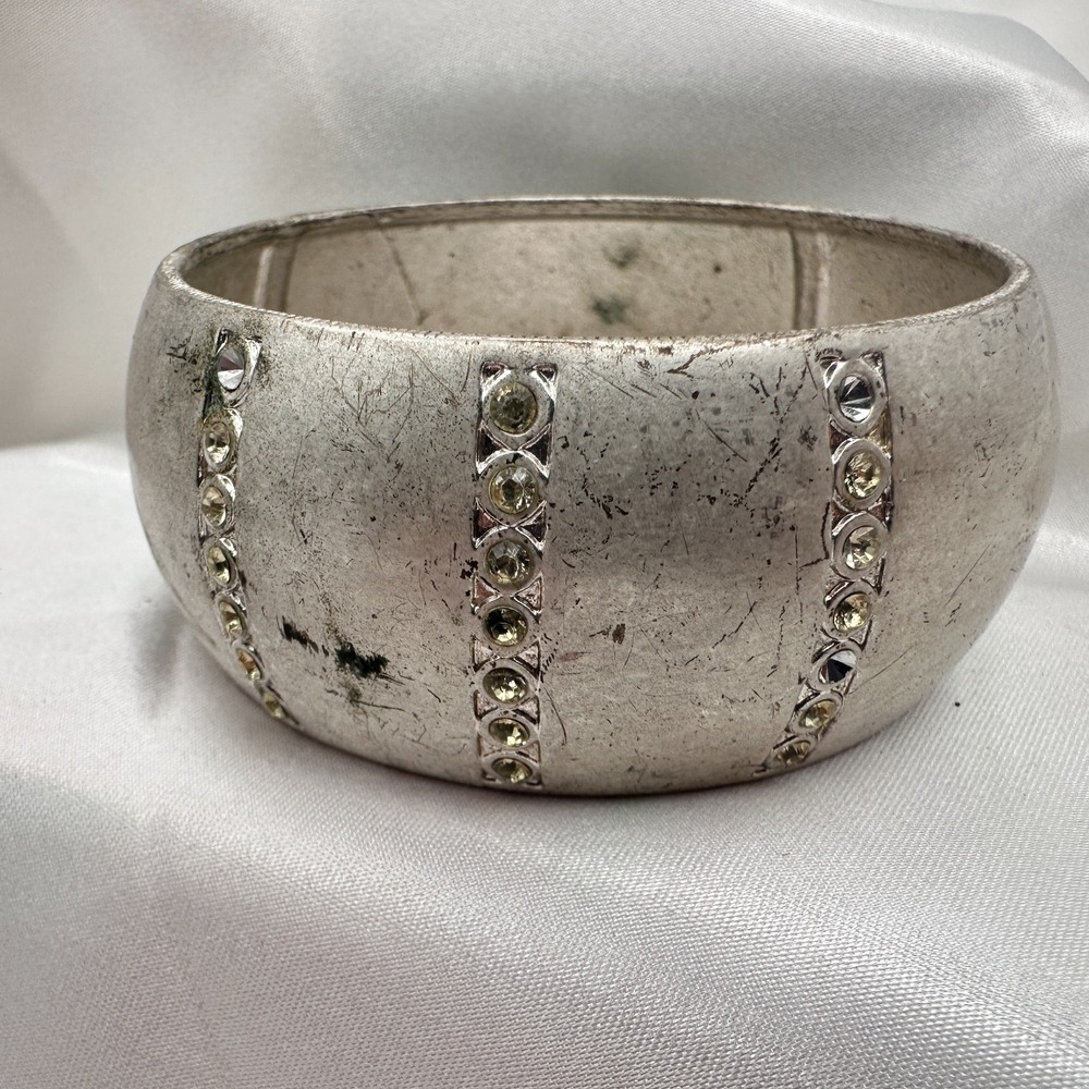 Vintage 90s Silver Tone Chunky Bracelet Clear Rhinestone Women's Classic Jewelry